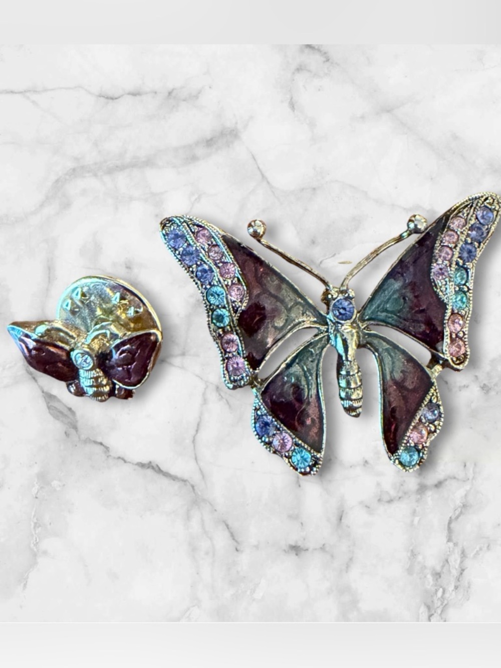 Butterfly Brooch and Earring Set - Purple Rhinestone Accent - Unbranded